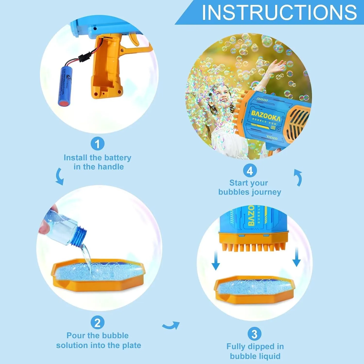 Bubble Gun Bazooka Machine with Solution - 69 Holes Blaster for Outdoor Summer Toy Gifts, Party Favors - Blue Bubble Maker Blowers for Kids