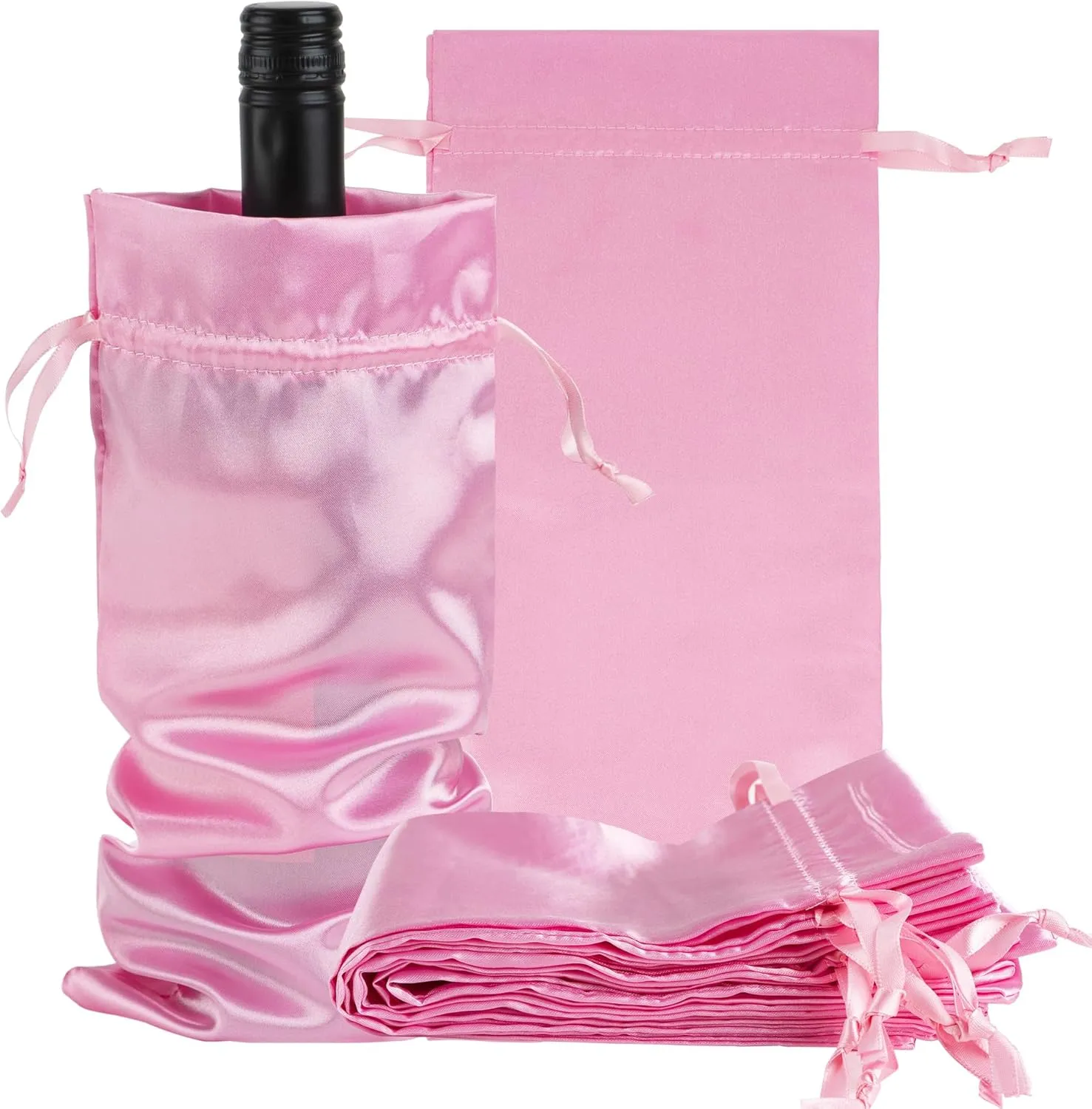 CAIRIAC Satin Wine Bags Pink Wine Gift Bags, Wine Bottle Bags with Drawstrings, Reusable Wine Bottle Covers for Wedding, Birthday, Travel, Holiday Party, Housewarming, Home Storage (10pcs)