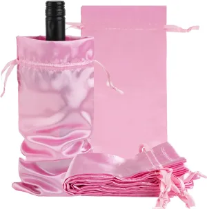 CAIRIAC Satin Wine Bags Pink Wine Gift Bags, Wine Bottle Bags with Drawstrings, Reusable Wine Bottle Covers for Wedding, Birthday, Travel, Holiday Party, Housewarming, Home Storage (10pcs)