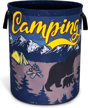 Camping Laundry Basket Oxford Cloth Mountain Tents Bonfires Bear Laundry Hamper With Handle Foldable Portable Clothes Storage Basket 18.9 X 16.5 Inch Storage Bag For Laundry Room/Bathroom/Bedroom