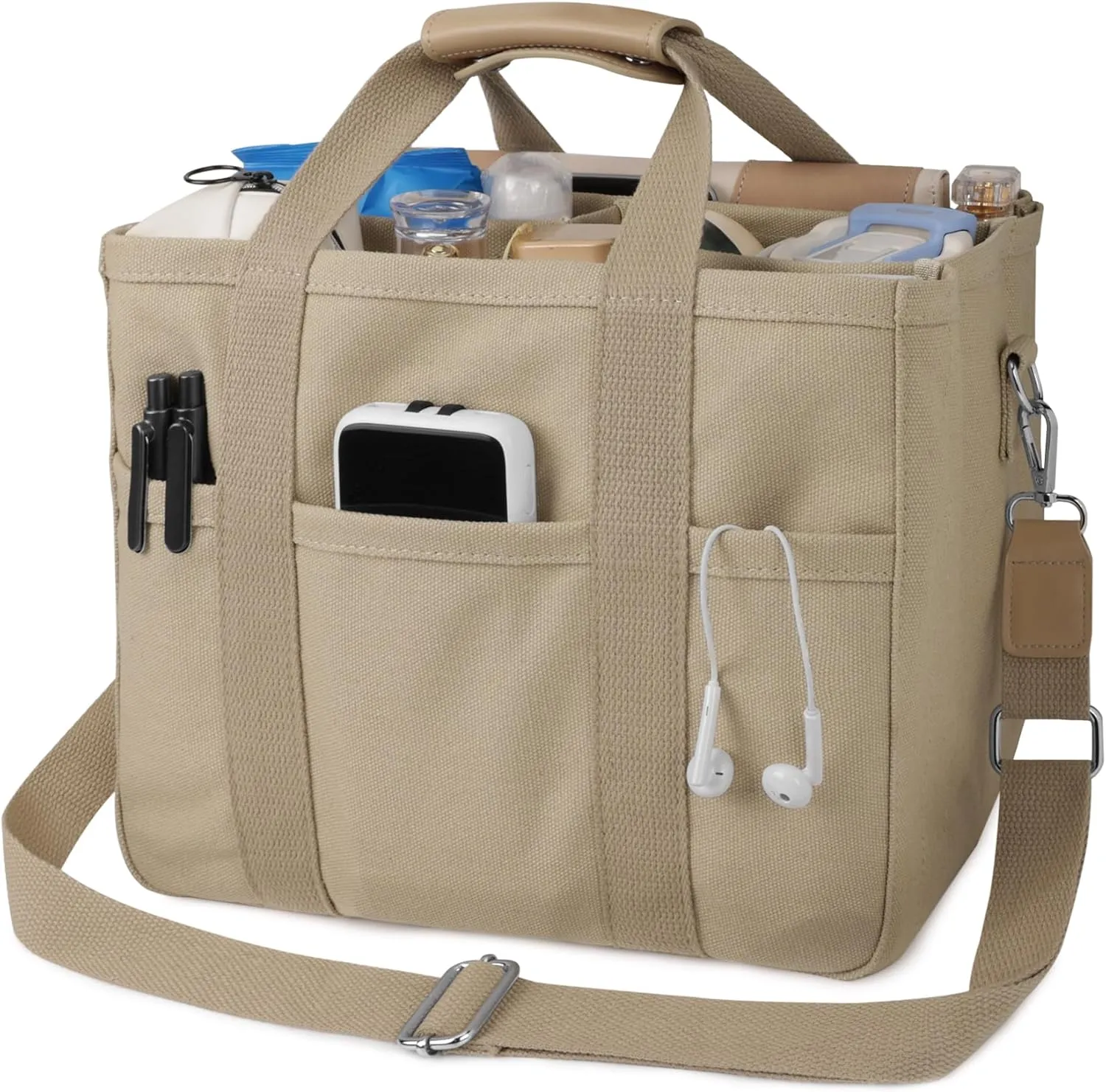 Canvas Tote Bag for Women Crossbody Tote Bag with Multi Pockets Casual Shoulder Bag Top Handle Handbag with Compartments