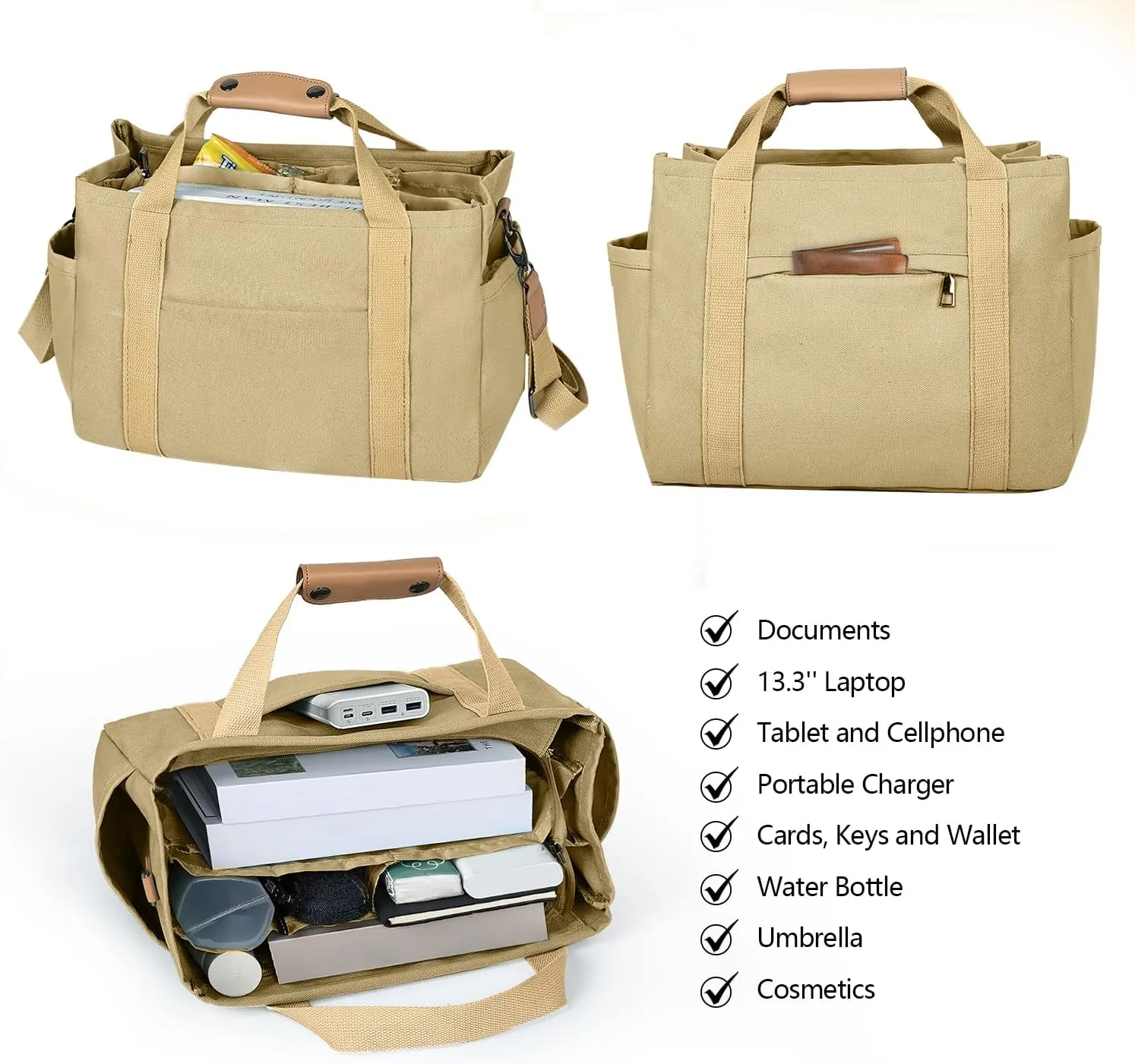 Canvas Tote Bag with Multiple Pockets for Women, Cute Crossbody Shoulder Bag Casual Hobo Messenger Purse Handbag