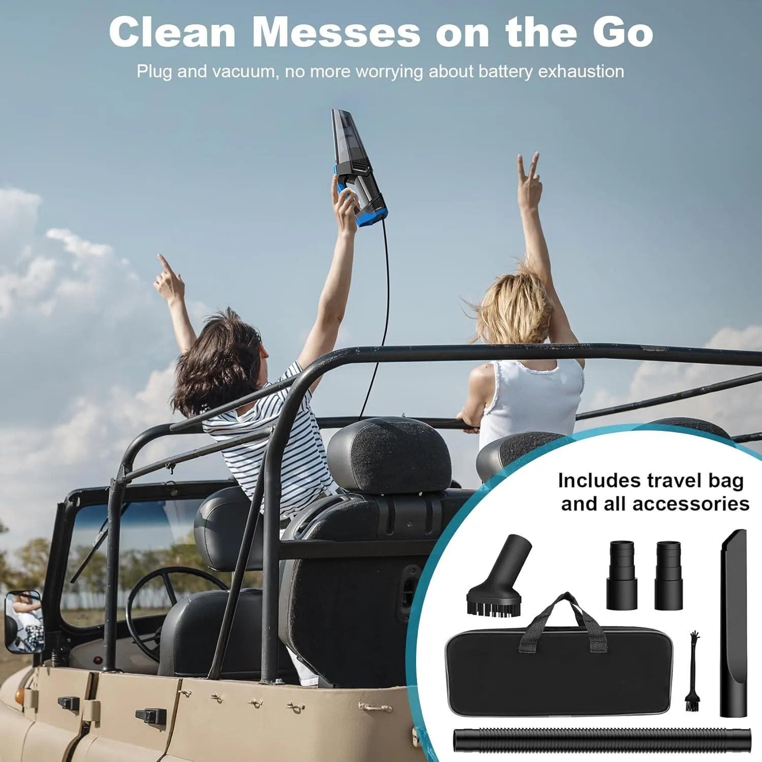 Car Vacuum Cleaner - Portable Handheld Vacuum High Power with 16.4ft Cord, Bag, LED Light & Attachments - DC 12V High Power Small Vacuum for Car, RV, Boats, Travel