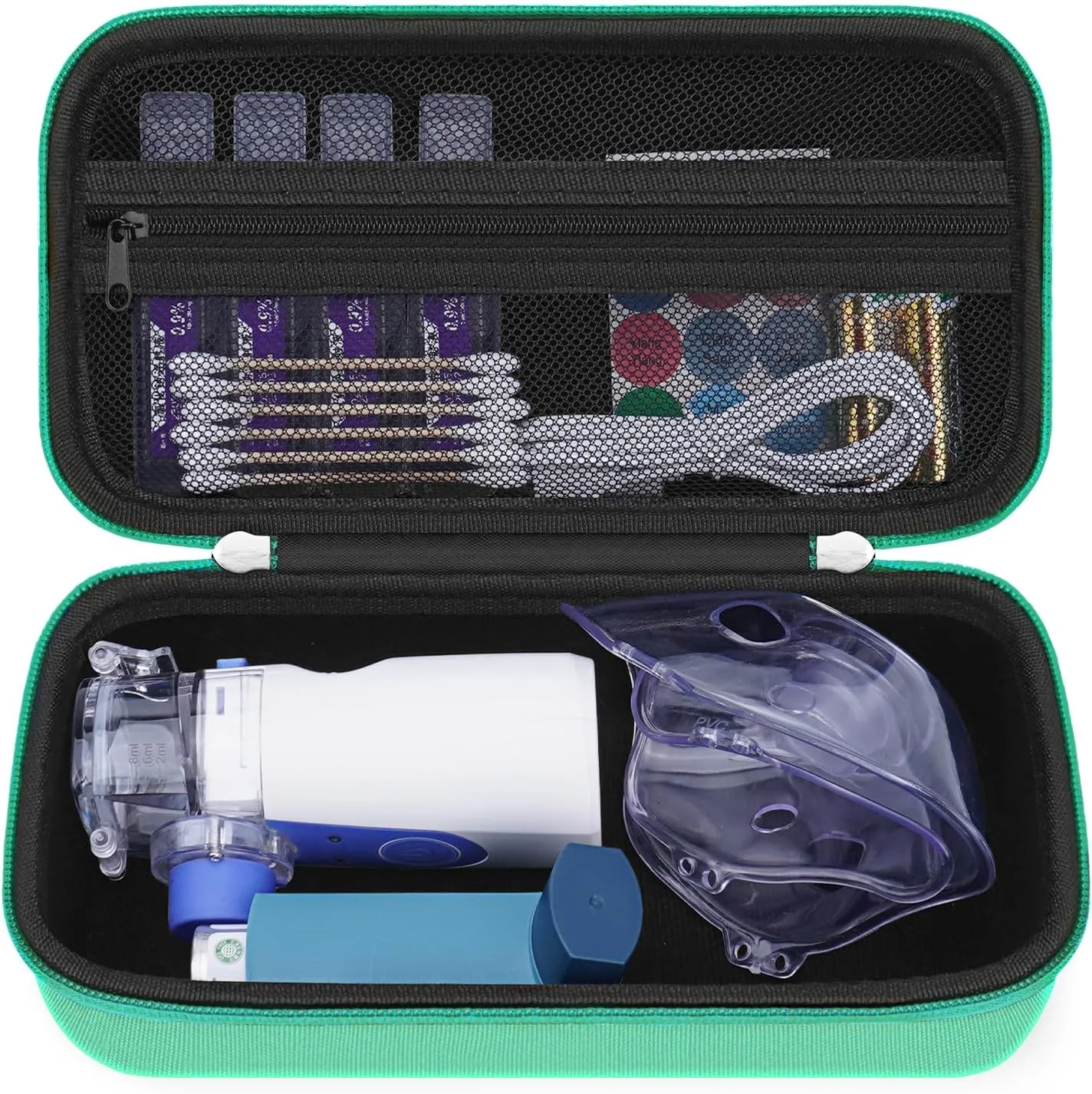 Carrying Case for Portable Handheld Inhaler Nebulizer Machine for Adults, Asthma Inhaler Travel Case, Inhaler Spacer Bag with Mesh Pocket for Saline Solution,Cable, Green (Case Only)