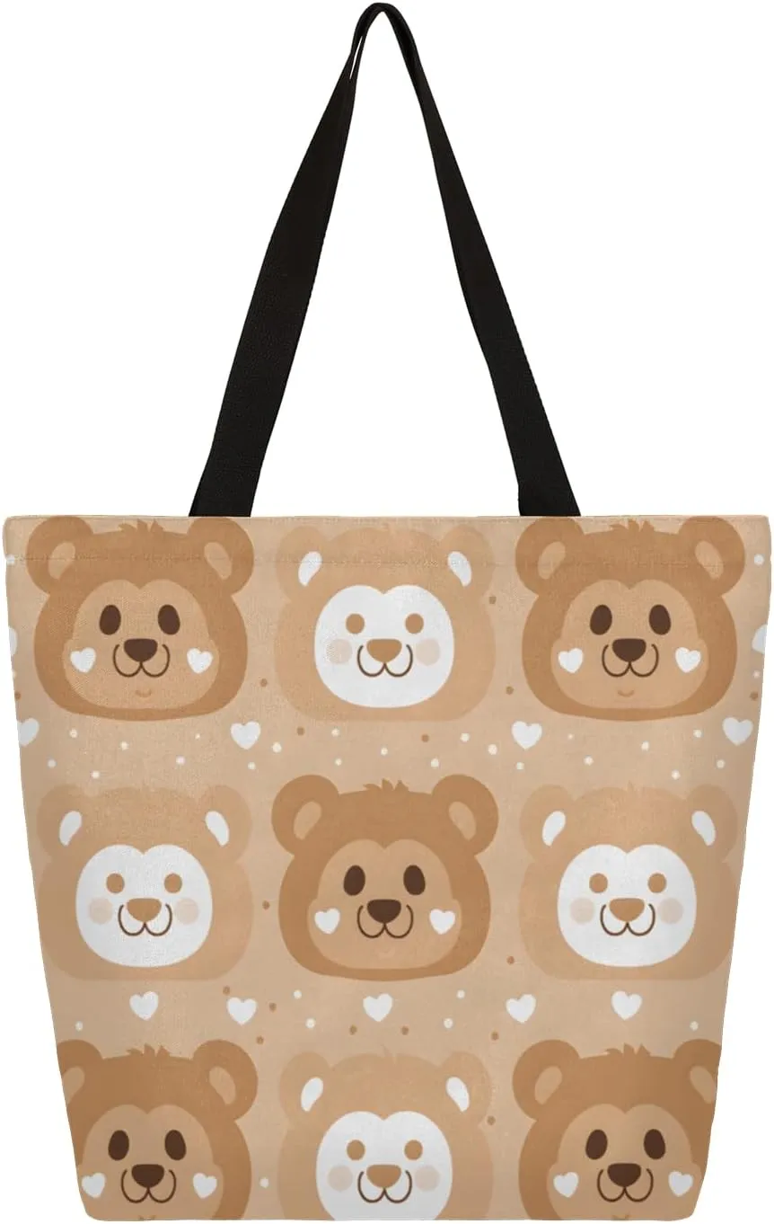 Cartoon Bears Face Large Capacity Canvas Tote Bag Stylish Handheld Shoulder Bag Reusable Shopping Bag for Work Travel Beach Trips Shopping