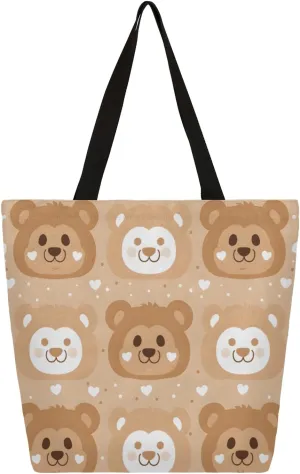 Cartoon Bears Face Large Capacity Canvas Tote Bag Stylish Handheld Shoulder Bag Reusable Shopping Bag for Work Travel Beach Trips Shopping
