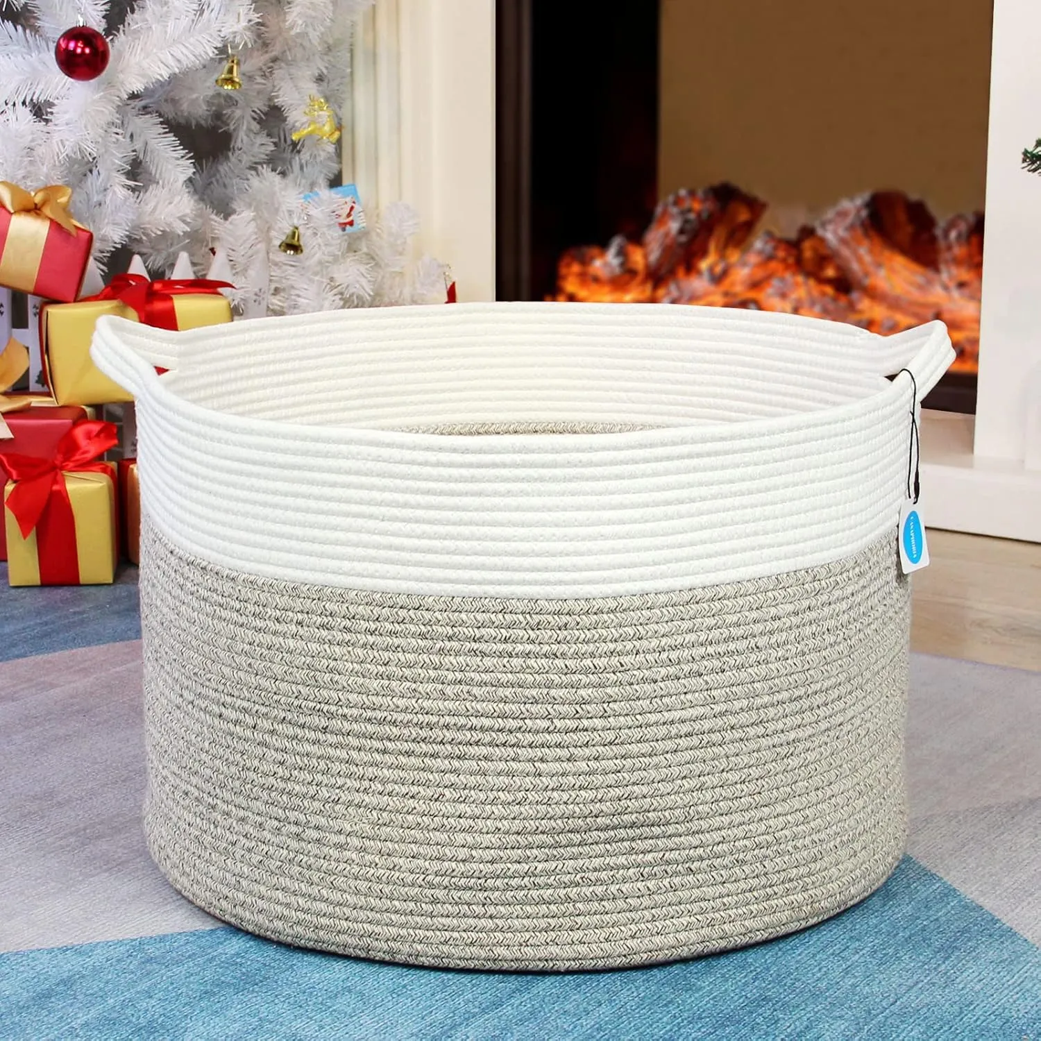 Casaphoria XXXLarge Cotton Rope Basket for Living Room - Woven Storage Basket with Handle for Blankets, Towels and Pillows Laundry Hamper | Cream white and Brown (22" x 22" x 14")