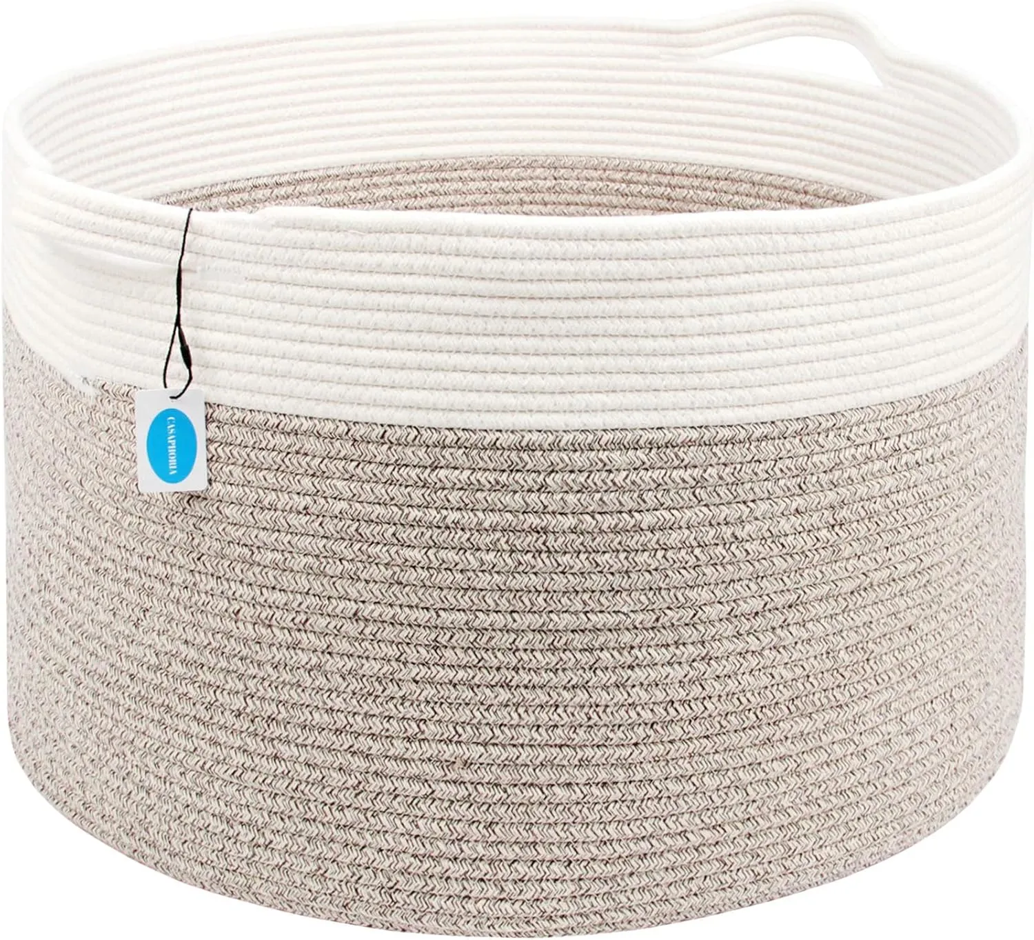 Casaphoria XXXLarge Cotton Rope Basket for Living Room - Woven Storage Basket with Handle for Blankets, Towels and Pillows Laundry Hamper | Cream white and Brown (22" x 22" x 14")