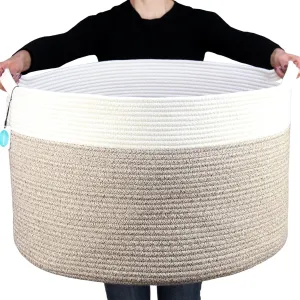 Casaphoria XXXLarge Cotton Rope Basket for Living Room - Woven Storage Basket with Handle for Blankets, Towels and Pillows Laundry Hamper | Cream white and Brown (22" x 22" x 14")