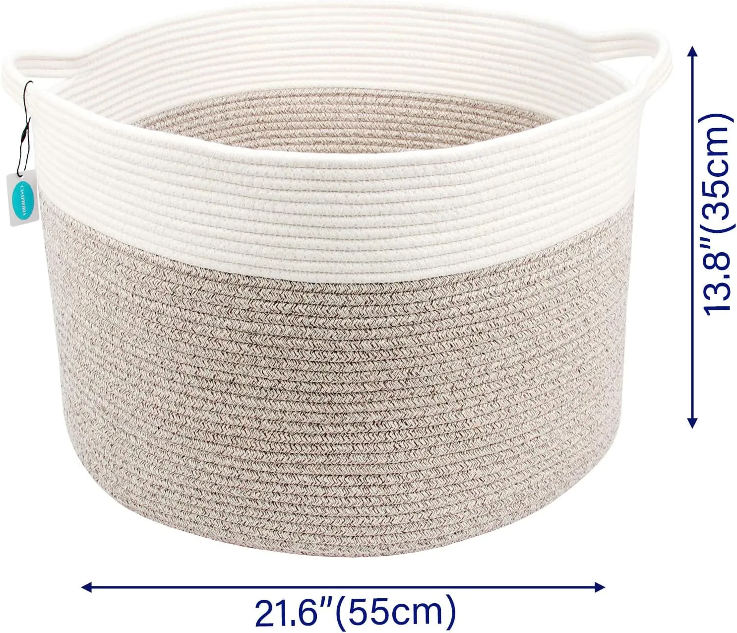 Casaphoria XXXLarge Cotton Rope Basket for Living Room - Woven Storage Basket with Handle for Blankets, Towels and Pillows Laundry Hamper | Cream white and Brown (22" x 22" x 14")