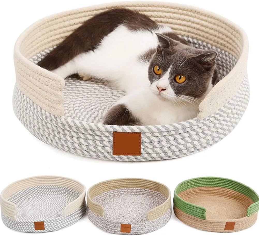 Cat Bed Basket Nest Round Hand Knitting Cat Bed Cotton Rope Scratcher Scratching Mat Pad Summer Kitten Cat Sleeping Bed Resting Cute House Washable Foldable for Puppy Small Pets Indoor