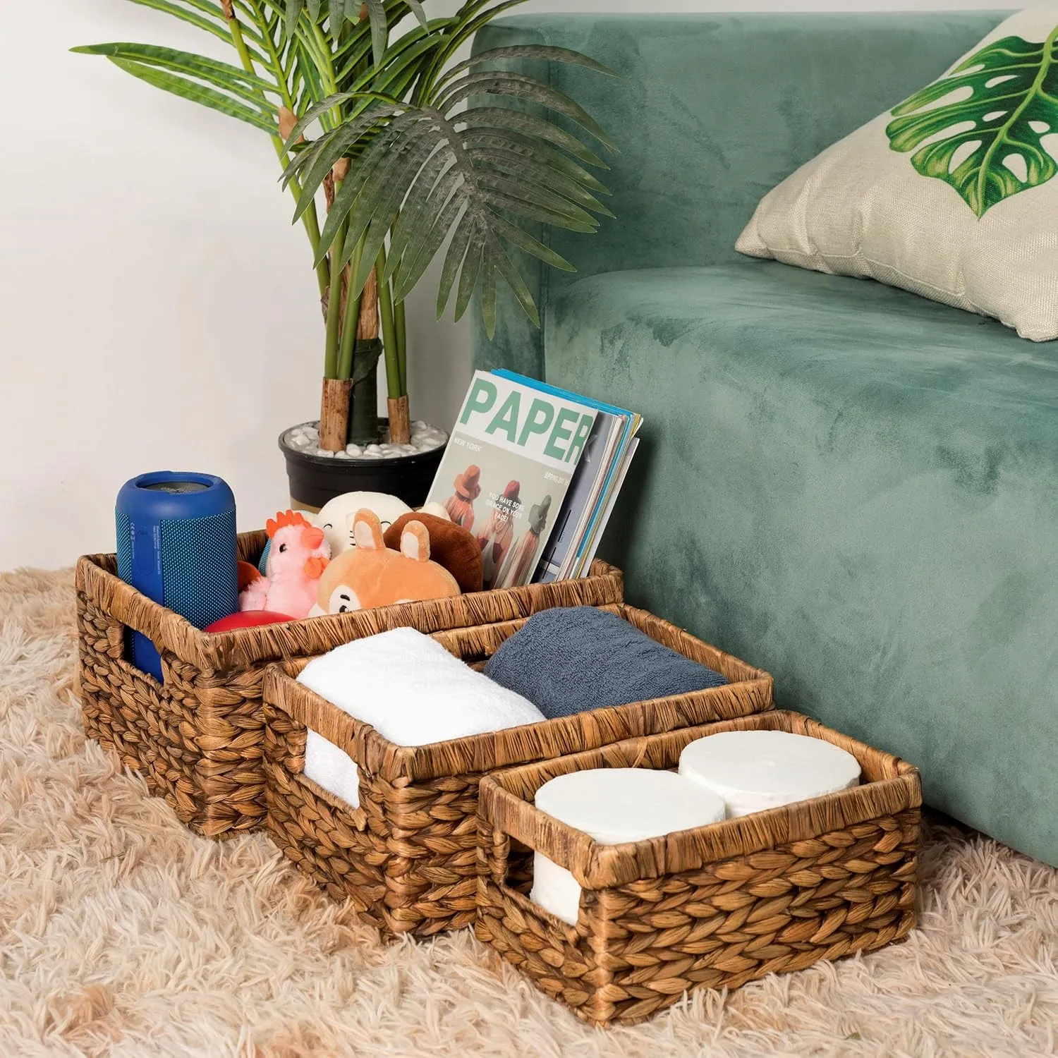 CENBOSS Wicker Baskets (Medium, Brown Wash, 1PC) Rattan Storage Baskets for Shelves, Woven Seagrass Holder
