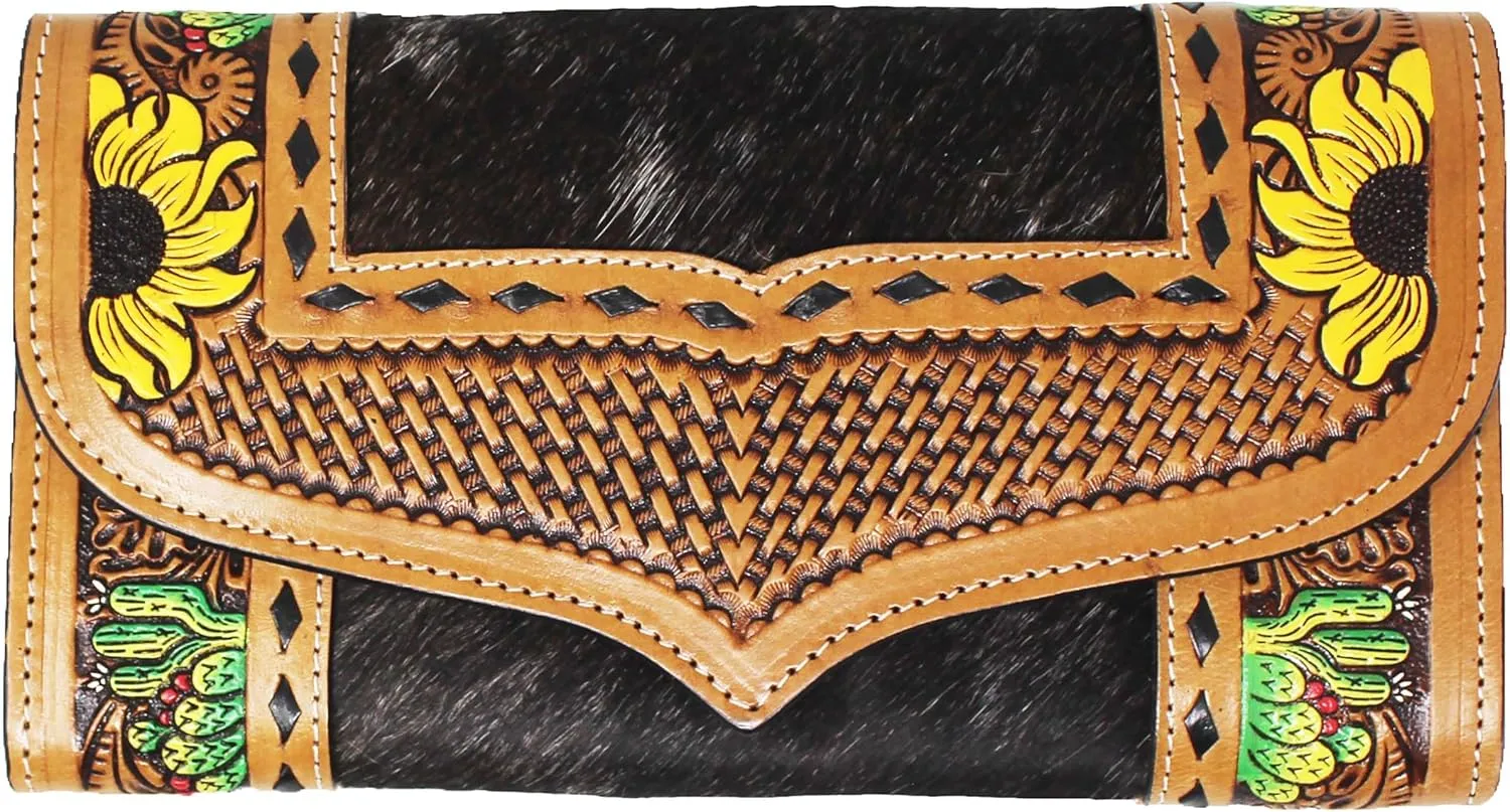 CHALLENGER Women's Western Cowhide Sunflower Cactus Tooled Leather Wallet Clutch 18FKW36C
