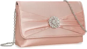 CHARMING TAILOR Evening Bag for Women Pleated Flap Satin Formal Purse Diamantes Brooch Embellished Clutch