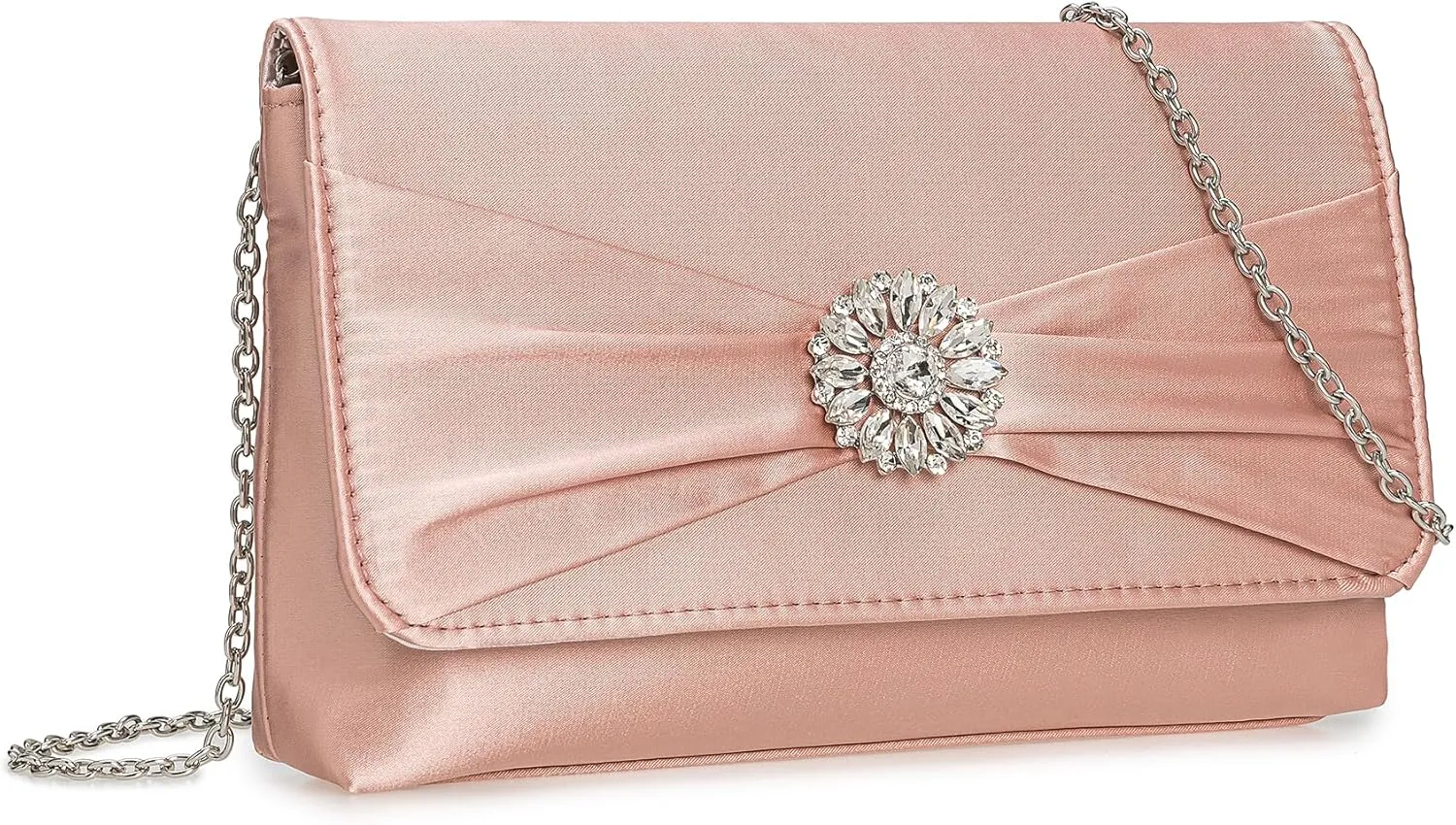 CHARMING TAILOR Evening Bag for Women Pleated Flap Satin Formal Purse Diamantes Brooch Embellished Clutch