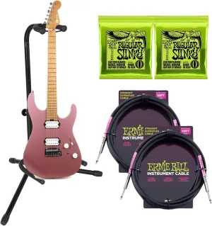 Charvel Pro-Mod DK24 Satin Burgundy Mist – Satin Shell Pink, (2) EBall 2221 Strings, Gator GTR-1000 Stand, (2) EBall 10FT Cable Bundle