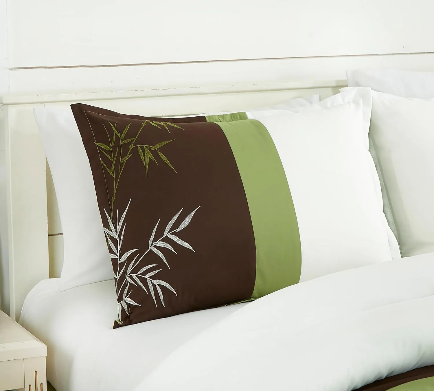 Chezmoi Collection Bengal 7-Piece Bamboo Embroidered Comforter Set Oversized King Size - Sage Green Brown Ivory Bamboo Grass Microfiber Comforter Bedding