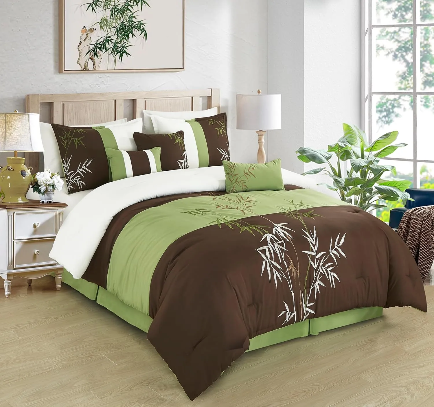Chezmoi Collection Bengal 7-Piece Bamboo Embroidered Comforter Set Oversized King Size - Sage Green Brown Ivory Bamboo Grass Microfiber Comforter Bedding