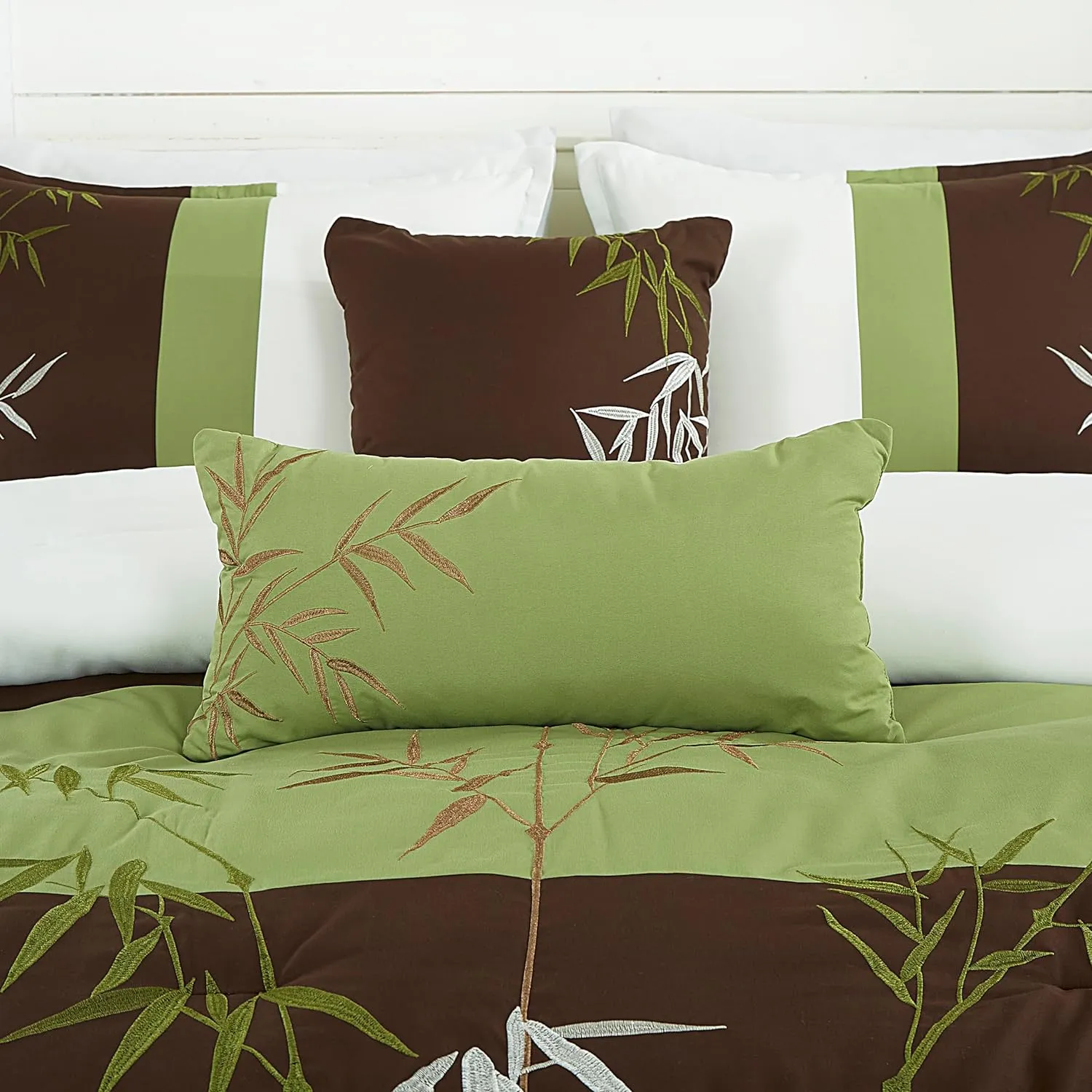 Chezmoi Collection Bengal 7-Piece Bamboo Embroidered Comforter Set Oversized King Size - Sage Green Brown Ivory Bamboo Grass Microfiber Comforter Bedding