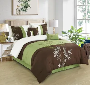 Chezmoi Collection Bengal 7-Piece Bamboo Embroidered Comforter Set Oversized King Size - Sage Green Brown Ivory Bamboo Grass Microfiber Comforter Bedding