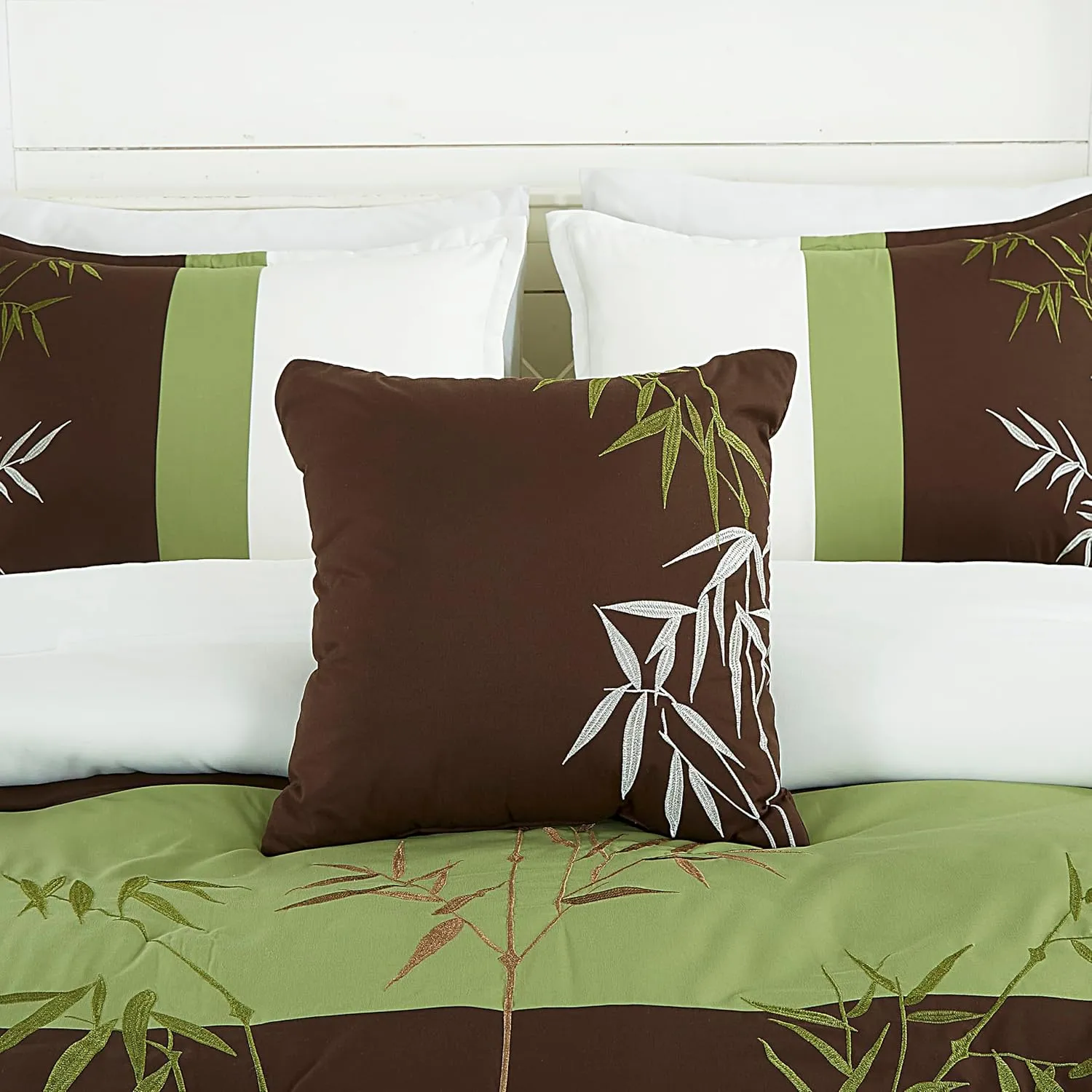 Chezmoi Collection Bengal 7-Piece Bamboo Embroidered Comforter Set Oversized King Size - Sage Green Brown Ivory Bamboo Grass Microfiber Comforter Bedding