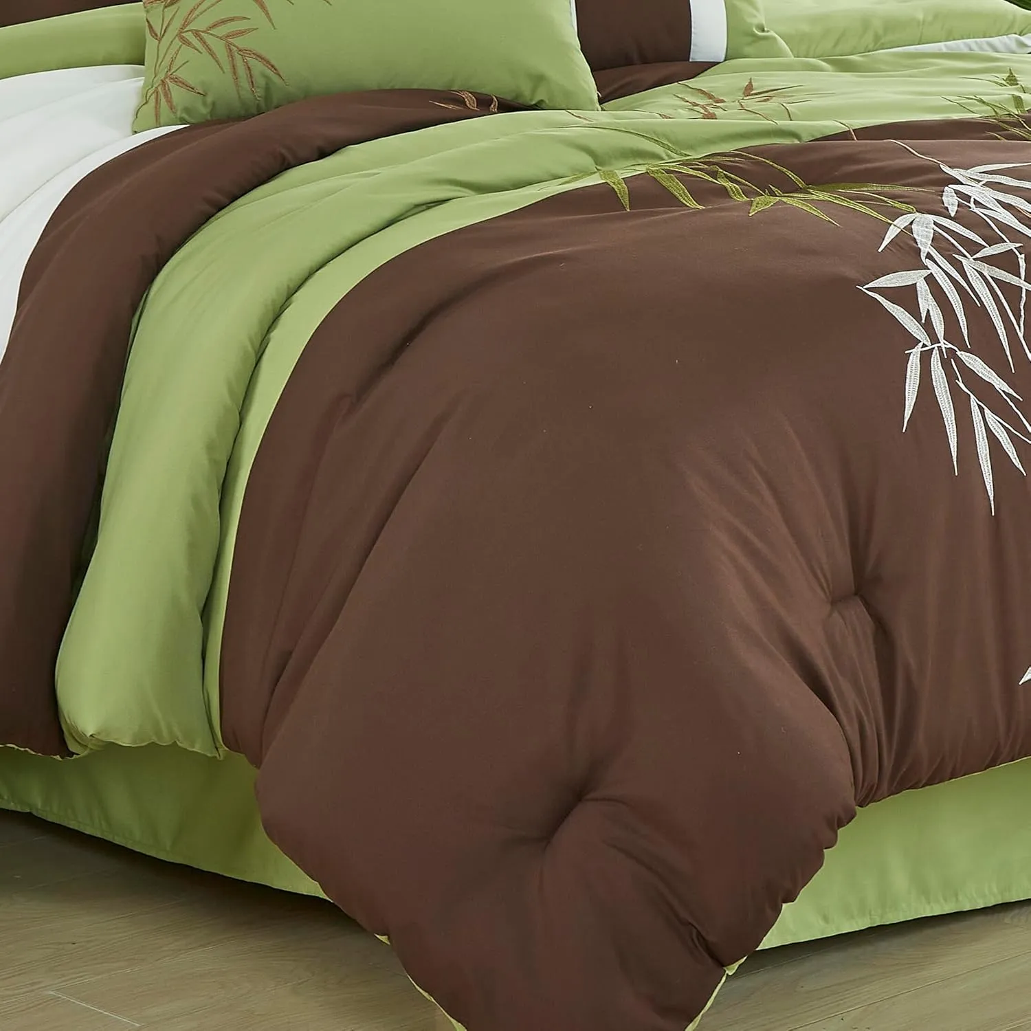 Chezmoi Collection Bengal 7-Piece Bamboo Embroidered Comforter Set Oversized King Size - Sage Green Brown Ivory Bamboo Grass Microfiber Comforter Bedding