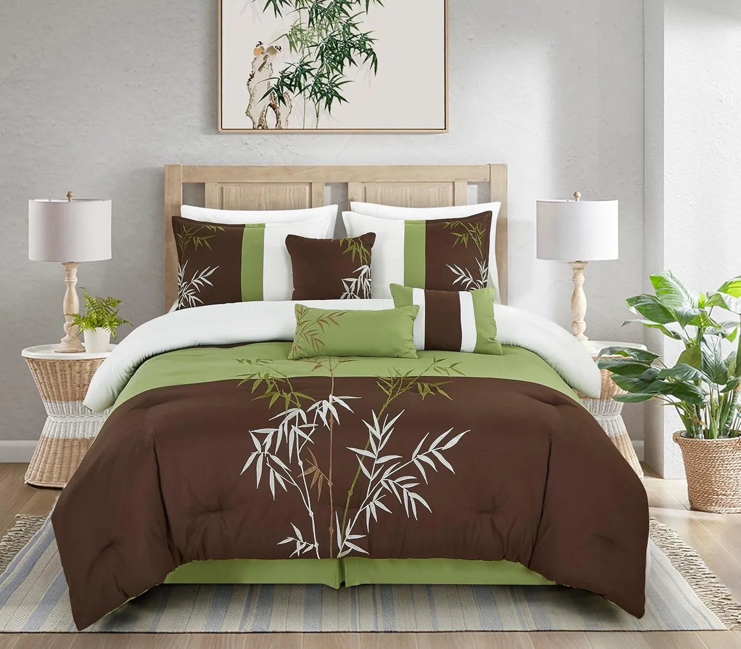 Chezmoi Collection Bengal 7-Piece Bamboo Embroidered Comforter Set Oversized King Size - Sage Green Brown Ivory Bamboo Grass Microfiber Comforter Bedding