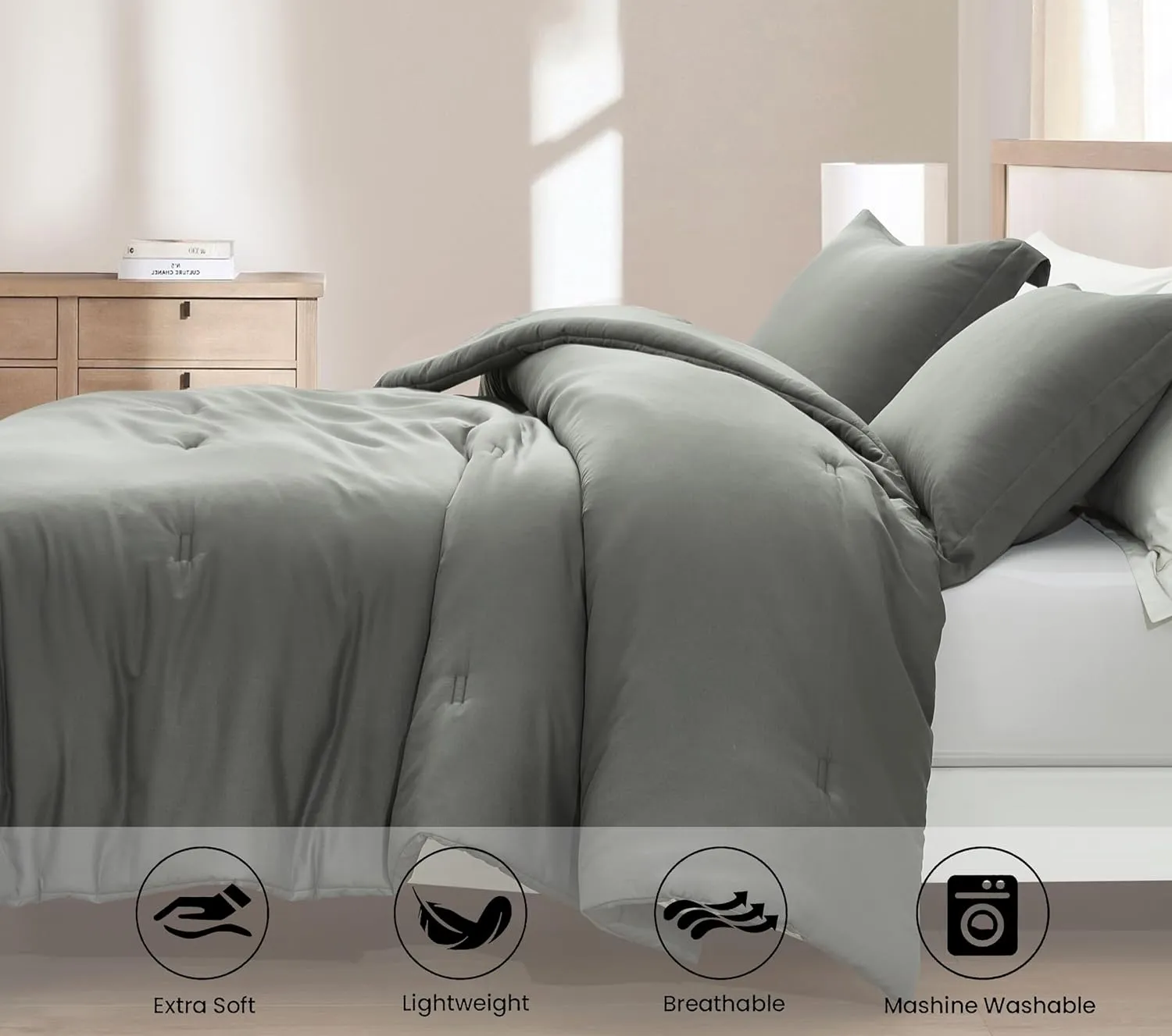 Chezmoi Collection Cliff 3-Piece Lightweight Cooling Comforter Set, Oversized King - Rayon Derived from Bamboo & Polyester Blended, Soft Breathable Bedding for Hot Sleepers, Dark Gray