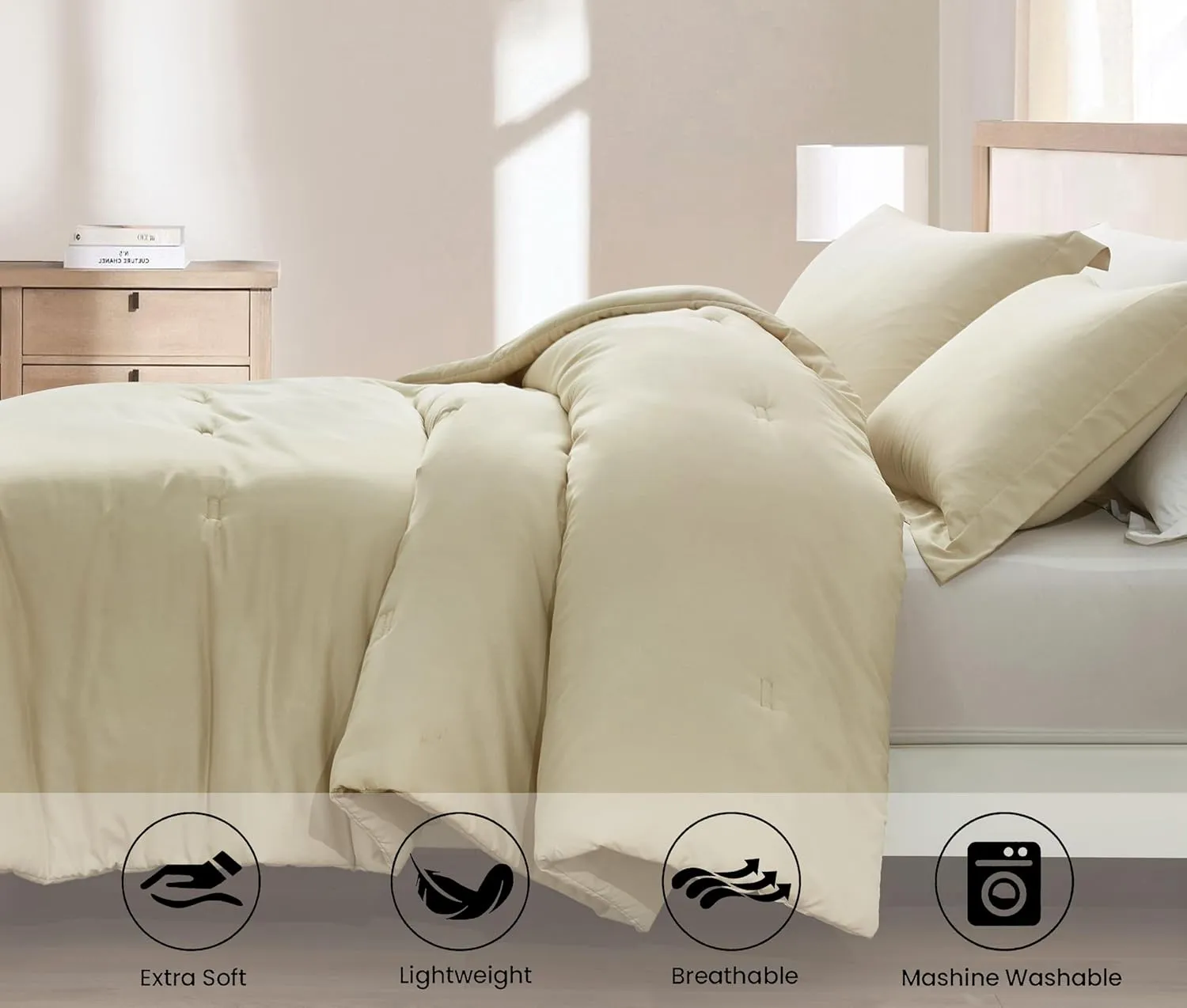 Chezmoi Collection Cliff 3-Piece Lightweight Cooling Comforter Set, Queen- Rayon Derived from Bamboo & Polyester Blended, Soft Breathable Bedding for Hot Sleepers, Sand