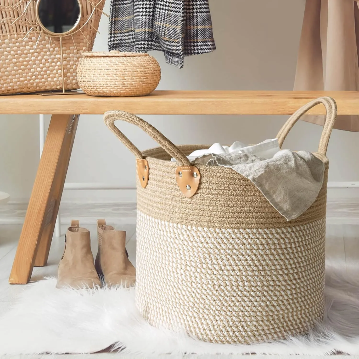 CHICVITA Large Wicker Jute Woven Storage Basket with Handles – Blanket Laundry Basket for Toys Towels Home Decor, White, 14" x 14" x 12"