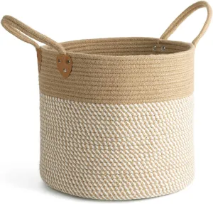 CHICVITA Large Wicker Jute Woven Storage Basket with Handles – Blanket Laundry Basket for Toys Towels Home Decor, White, 14" x 14" x 12"