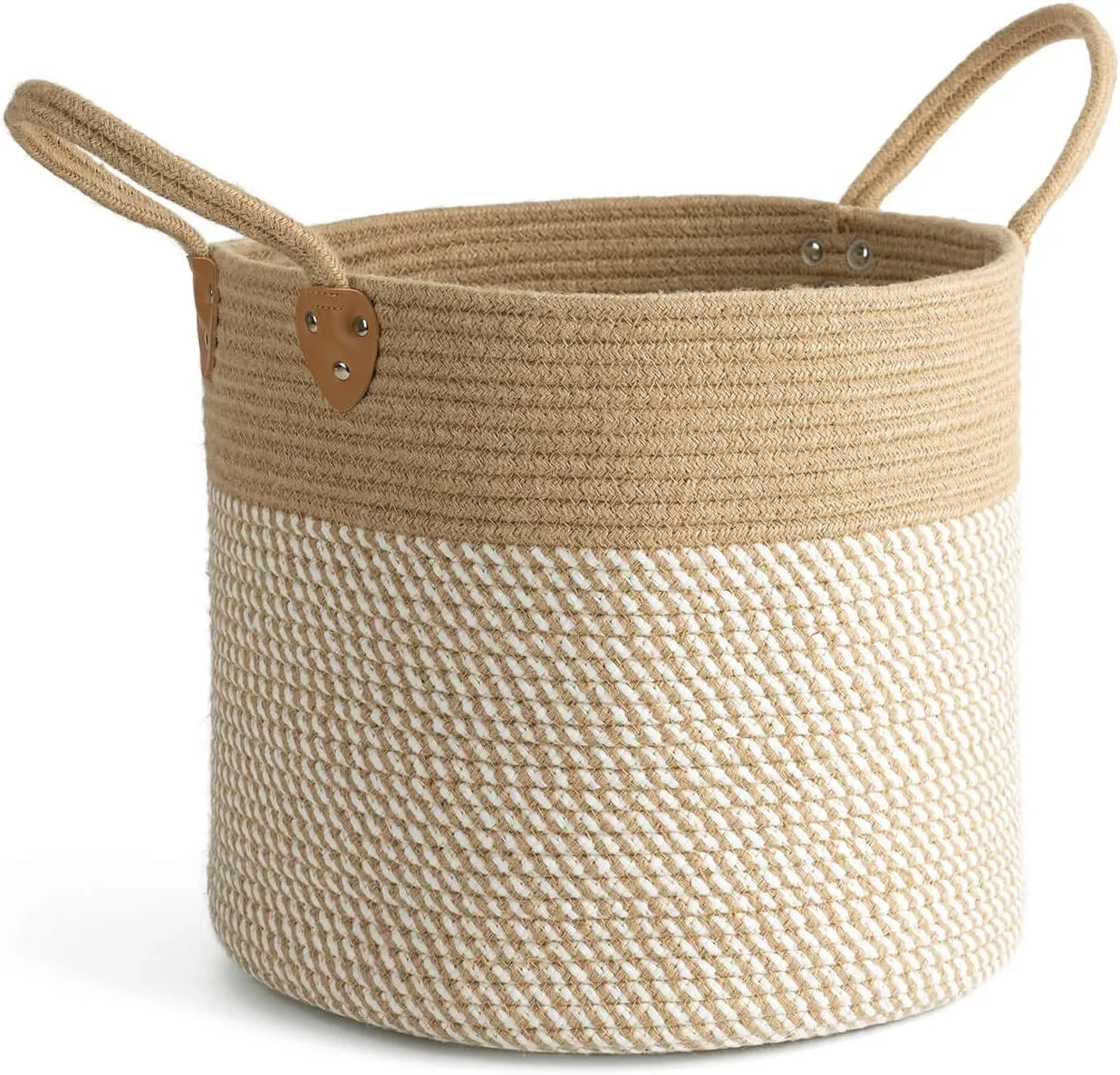 CHICVITA Large Wicker Jute Woven Storage Basket with Handles – Blanket Laundry Basket for Toys Towels Home Decor, White, 14" x 14" x 12"