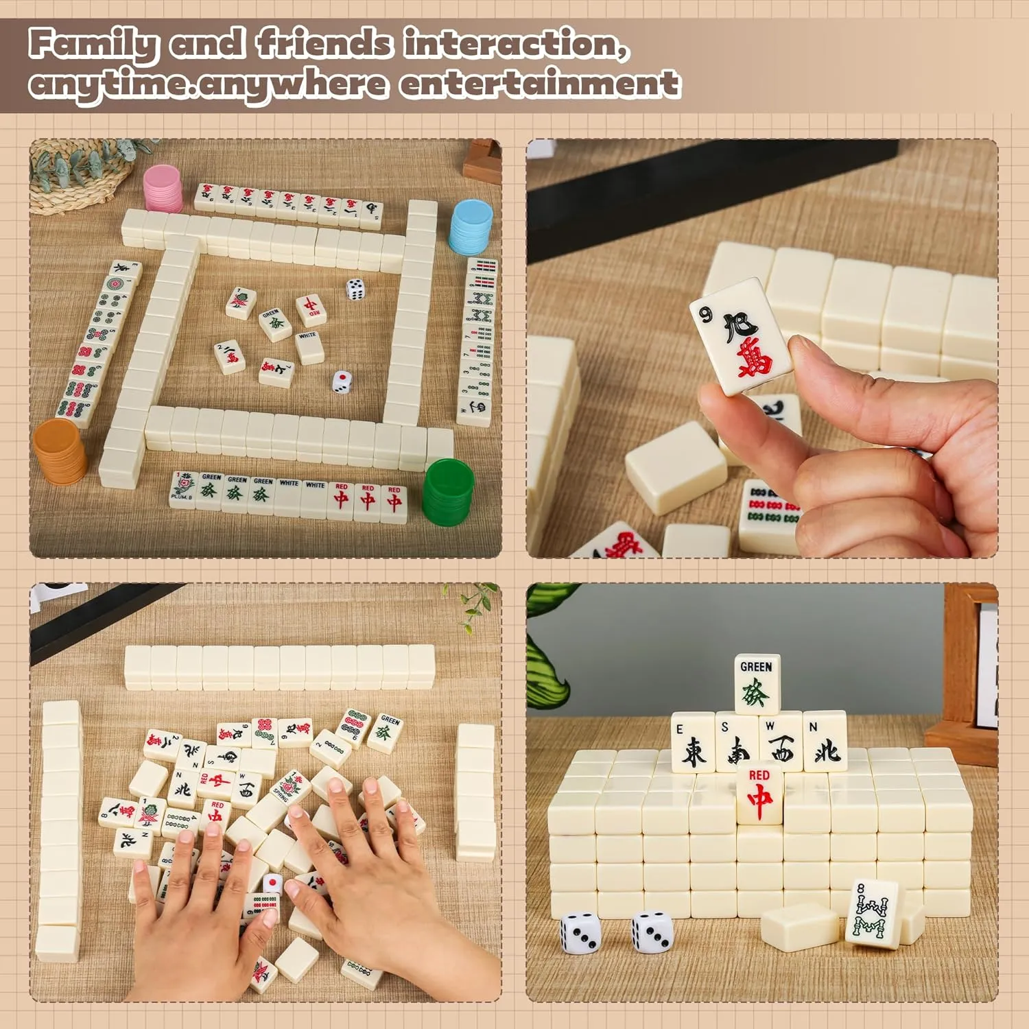 Chinese Small Mahjong Set, 144 Numbered Melamine 1.17" Size Tiles(Creamy White) and 8 Blank Tiles, with a Messenger Bag, Pro Complete Mahjongg Game Set (Majiang)