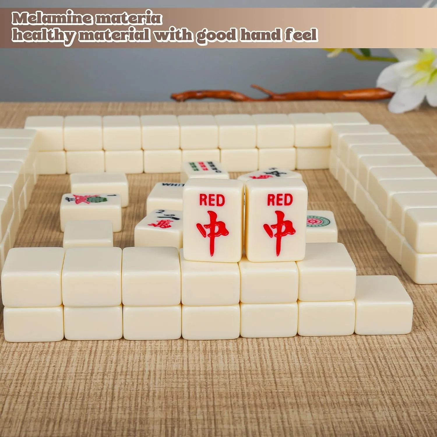 Chinese Small Mahjong Set, 144 Numbered Melamine 1.17" Size Tiles(Creamy White) and 8 Blank Tiles, with a Messenger Bag, Pro Complete Mahjongg Game Set (Majiang)