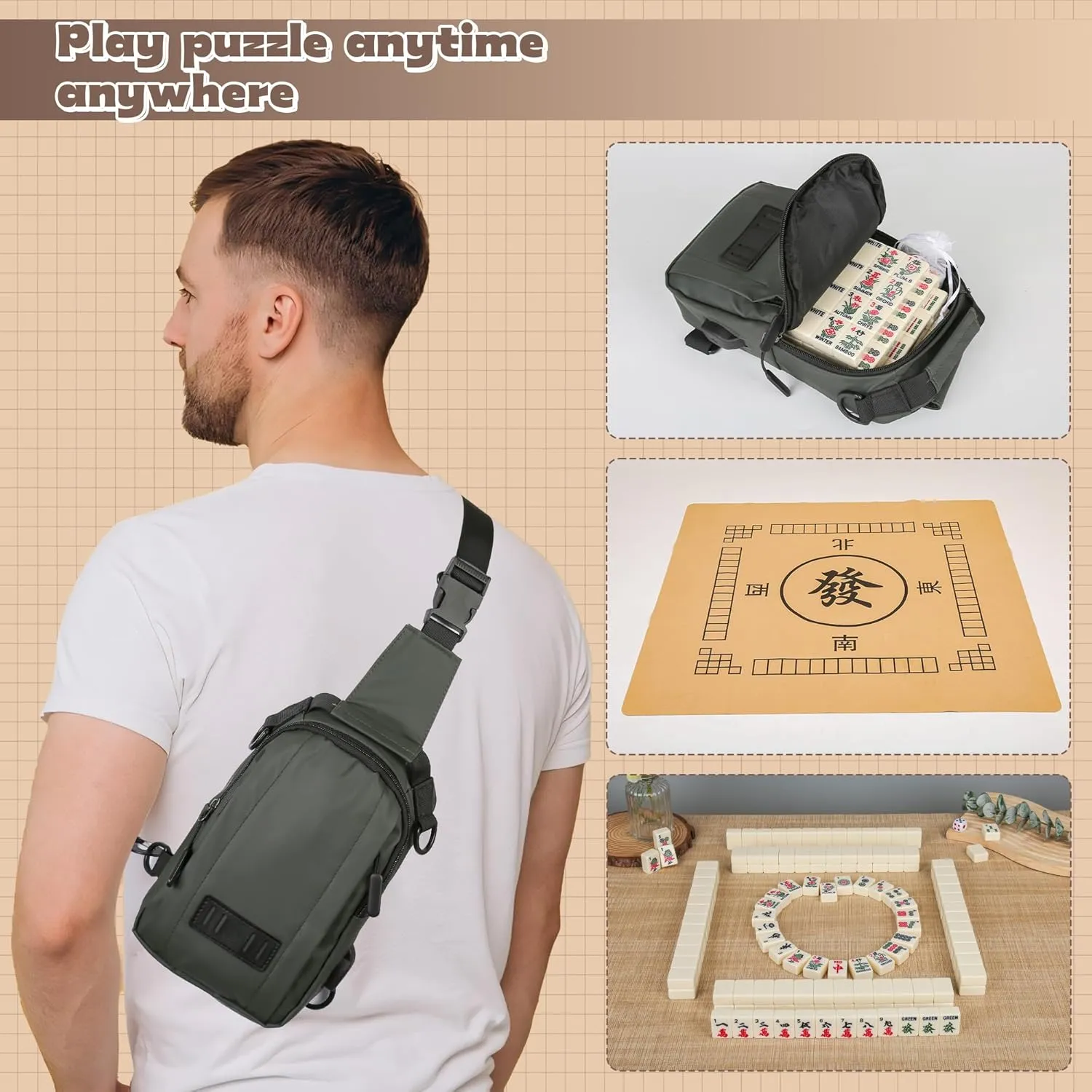 Chinese Small Mahjong Set, 144 Numbered Melamine 1.17" Size Tiles(Creamy White) and 8 Blank Tiles, with a Messenger Bag, Pro Complete Mahjongg Game Set (Majiang)