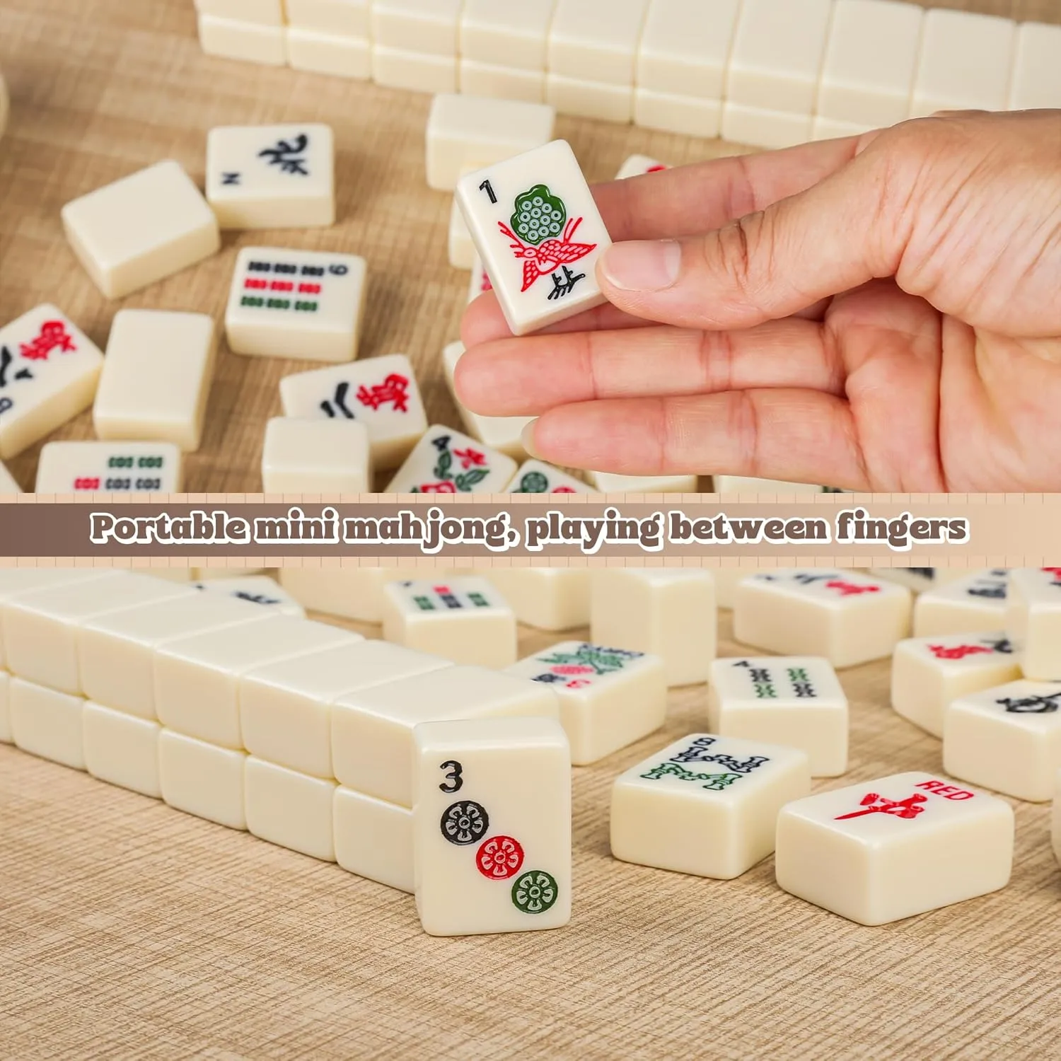 Chinese Small Mahjong Set, 144 Numbered Melamine 1.17" Size Tiles(Creamy White) and 8 Blank Tiles, with a Messenger Bag, Pro Complete Mahjongg Game Set (Majiang)