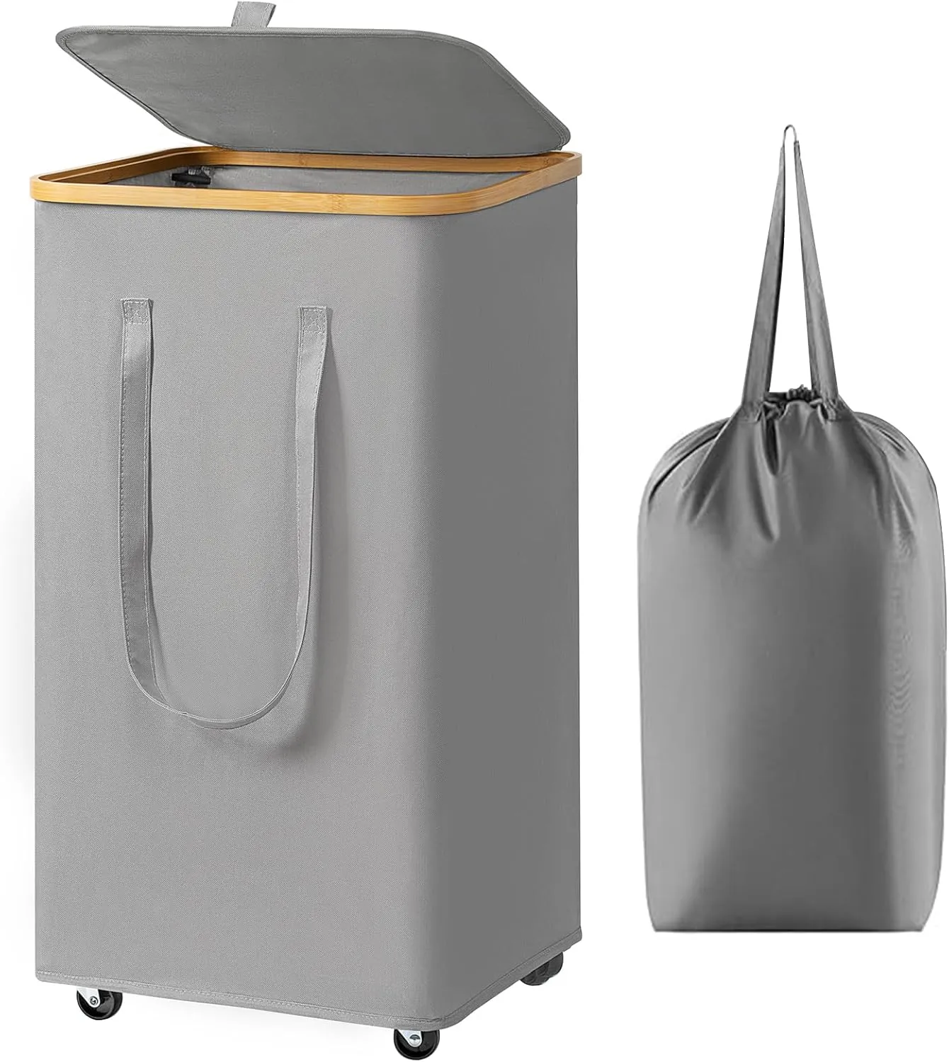 Chirslley 100L Large Laundry Basket with Wheels,Tall Laundry Hamper with Lid and Removable Liner Bag, Foldable Clothes Hamper Organizer with Bamboo Handles for Bathroom, Dorm, Bedroom, Grey
