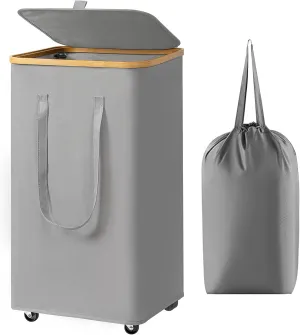 Chirslley 100L Large Laundry Basket with Wheels,Tall Laundry Hamper with Lid and Removable Liner Bag, Foldable Clothes Hamper Organizer with Bamboo Handles for Bathroom, Dorm, Bedroom, Grey