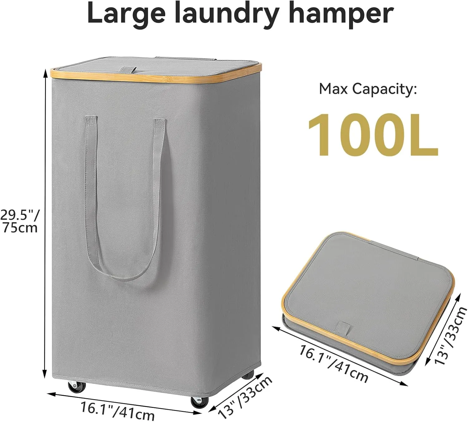 Chirslley 100L Large Laundry Basket with Wheels,Tall Laundry Hamper with Lid and Removable Liner Bag, Foldable Clothes Hamper Organizer with Bamboo Handles for Bathroom, Dorm, Bedroom, Grey