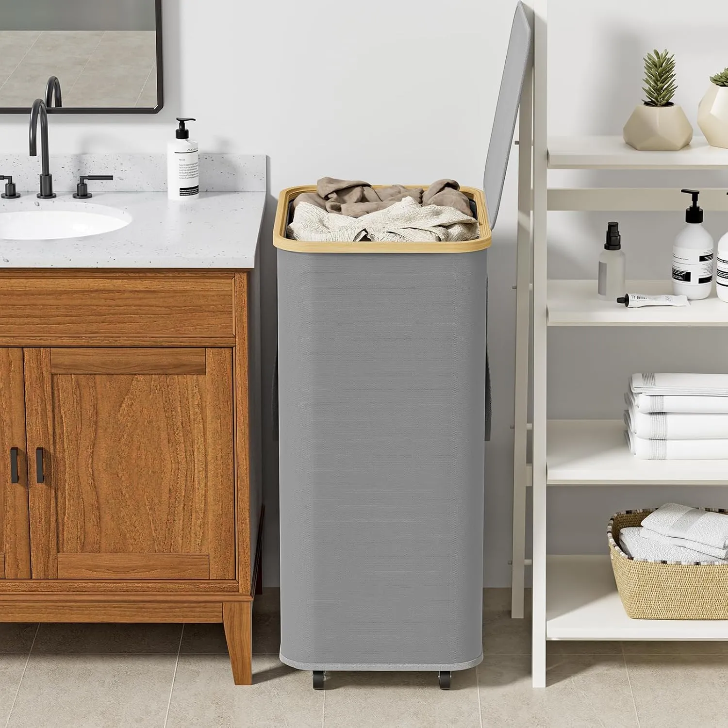 Chirslley 100L Large Laundry Basket with Wheels,Tall Laundry Hamper with Lid and Removable Liner Bag, Foldable Clothes Hamper Organizer with Bamboo Handles for Bathroom, Dorm, Bedroom, Grey
