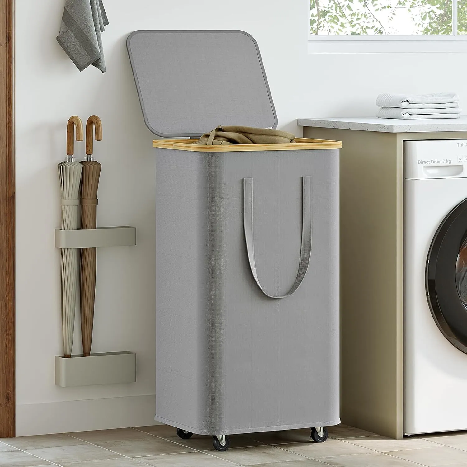Chirslley 100L Large Laundry Basket with Wheels,Tall Laundry Hamper with Lid and Removable Liner Bag, Foldable Clothes Hamper Organizer with Bamboo Handles for Bathroom, Dorm, Bedroom, Grey
