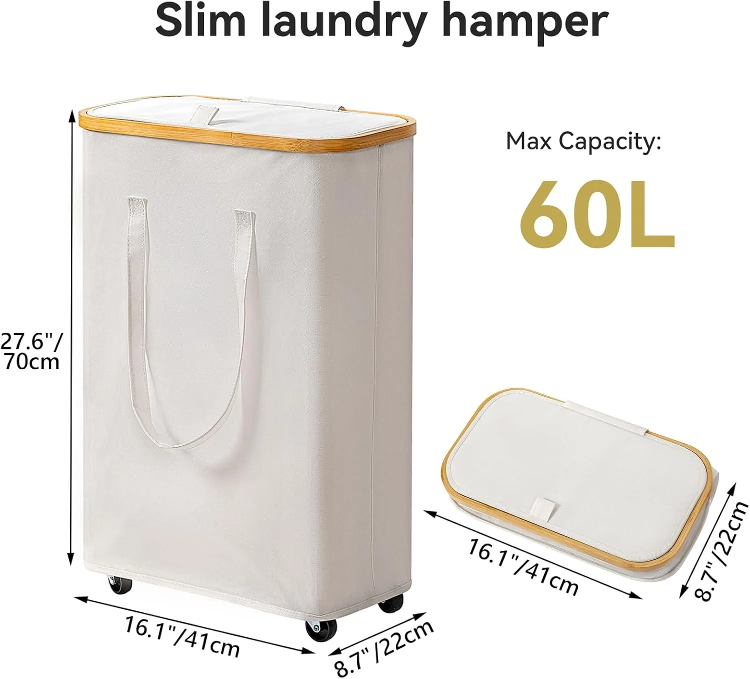 Chirslley 60L Slim Laundry Basket with Wheels,Narrow Laundry Hamper with Lid and Removable Liner Bag, Foldable Clothes Hamper Organizer with Bamboo Handles for Bathroom, Dorm, Bedroom, Beige