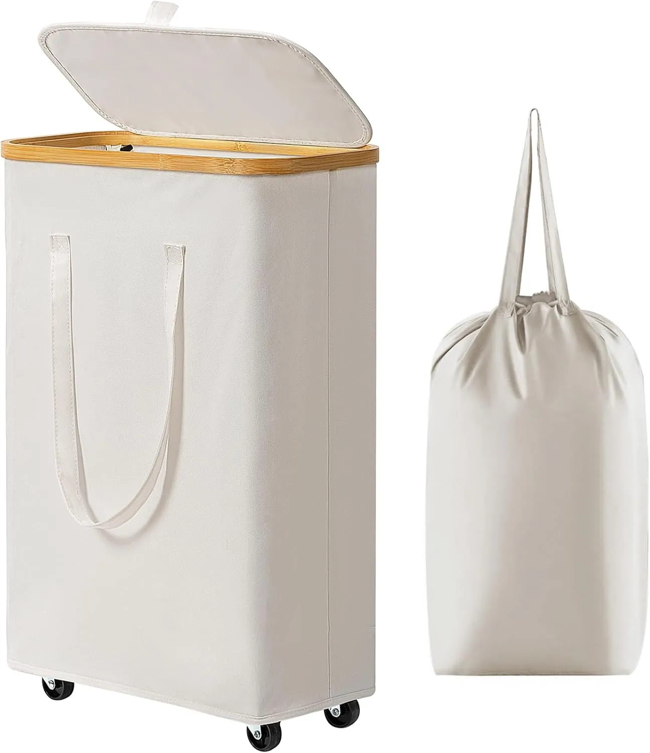 Chirslley 60L Slim Laundry Basket with Wheels,Narrow Laundry Hamper with Lid and Removable Liner Bag, Foldable Clothes Hamper Organizer with Bamboo Handles for Bathroom, Dorm, Bedroom, Beige