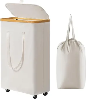 Chirslley 60L Slim Laundry Basket with Wheels,Narrow Laundry Hamper with Lid and Removable Liner Bag, Foldable Clothes Hamper Organizer with Bamboo Handles for Bathroom, Dorm, Bedroom, Beige