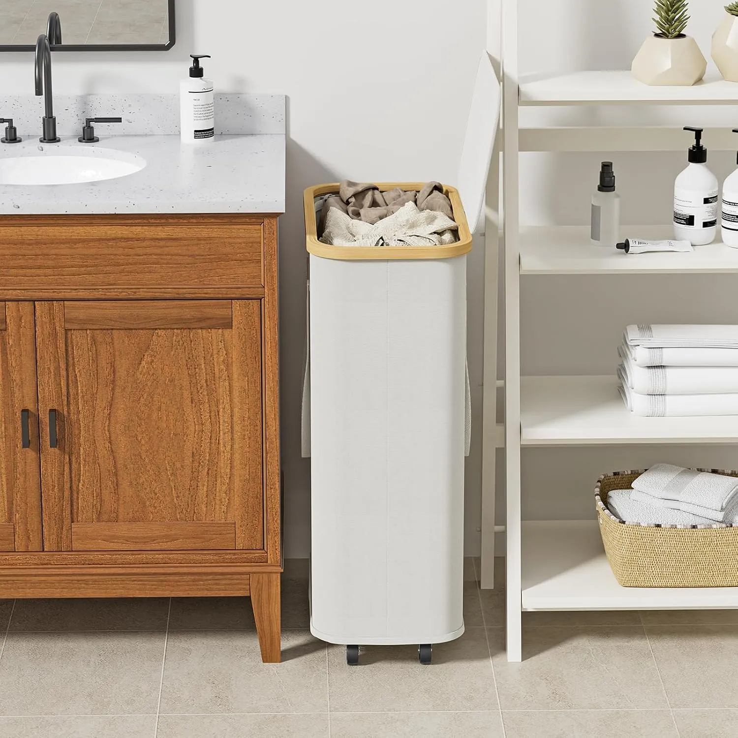 Chirslley 60L Slim Laundry Basket with Wheels,Narrow Laundry Hamper with Lid and Removable Liner Bag, Foldable Clothes Hamper Organizer with Bamboo Handles for Bathroom, Dorm, Bedroom, Beige