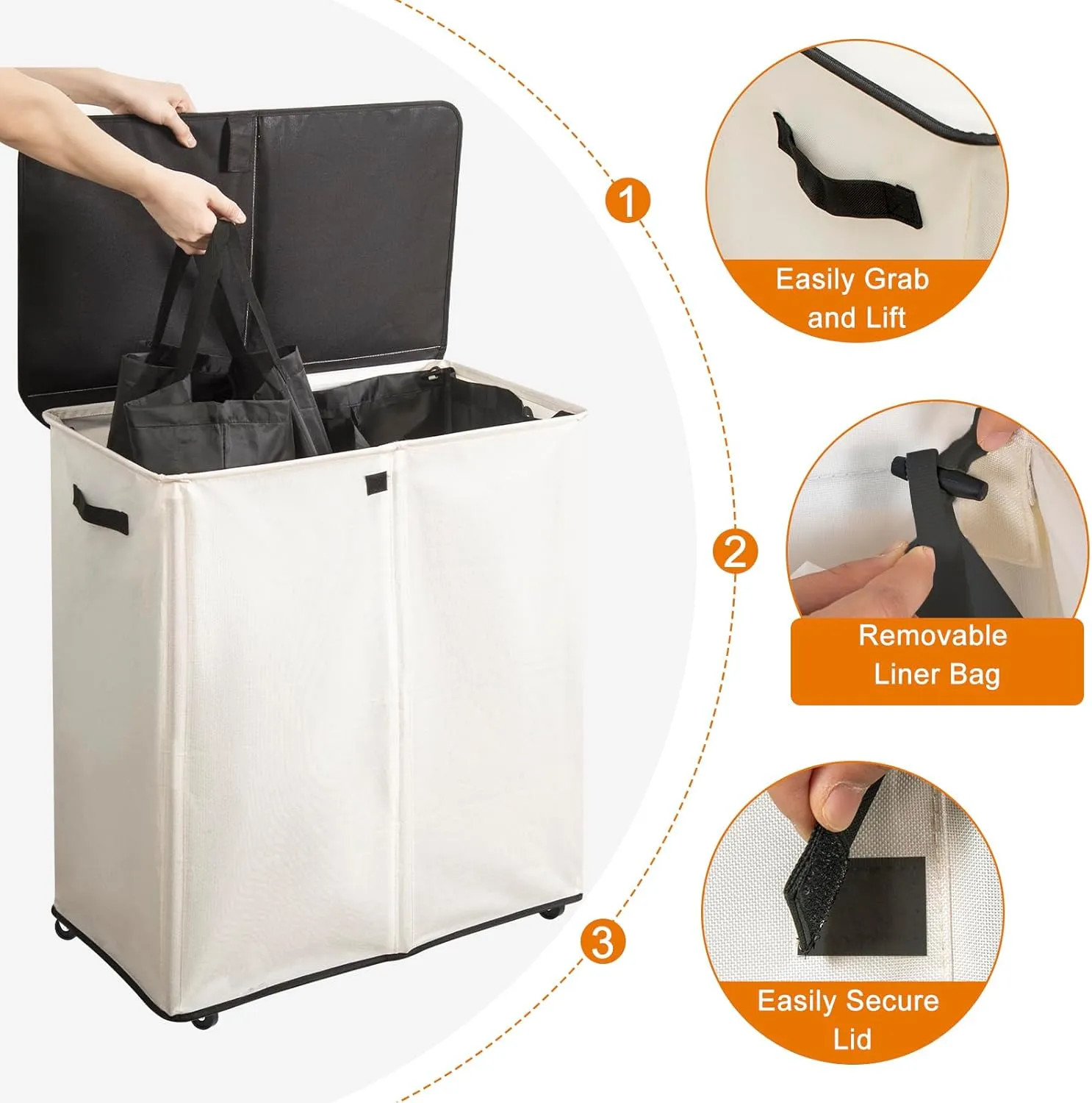 Chrislley Double Laundry Hamper with Wheels 160L Large Laundry Basket with Lid,Rolling Dirty Clothes Hamper 2 section with Removable Liner Bags, Collapsible Laundry Organizer for Bedroom, Dorm,Beige