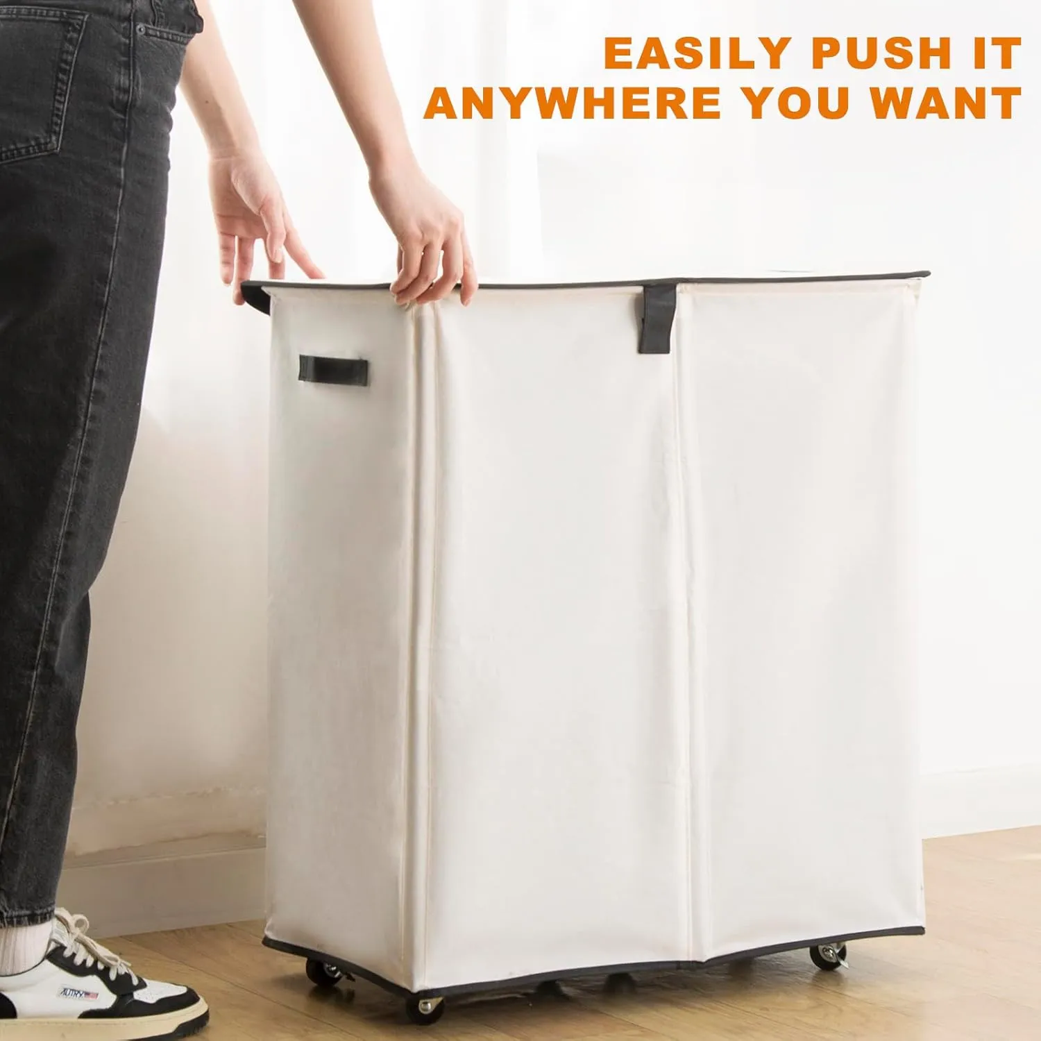 Chrislley Double Laundry Hamper with Wheels 160L Large Laundry Basket with Lid,Rolling Dirty Clothes Hamper 2 section with Removable Liner Bags, Collapsible Laundry Organizer for Bedroom, Dorm,Beige