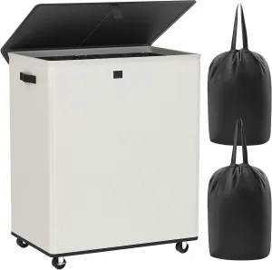 Chrislley Double Laundry Hamper with Wheels 160L Large Laundry Basket with Lid,Rolling Dirty Clothes Hamper 2 section with Removable Liner Bags, Collapsible Laundry Organizer for Bedroom, Dorm,Beige