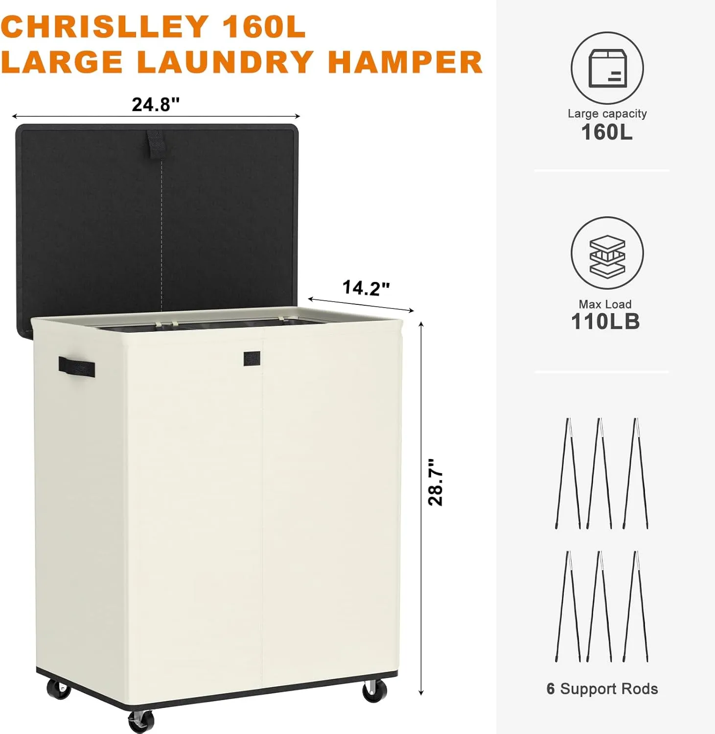 Chrislley Double Laundry Hamper with Wheels 160L Large Laundry Basket with Lid,Rolling Dirty Clothes Hamper 2 section with Removable Liner Bags, Collapsible Laundry Organizer for Bedroom, Dorm,Beige