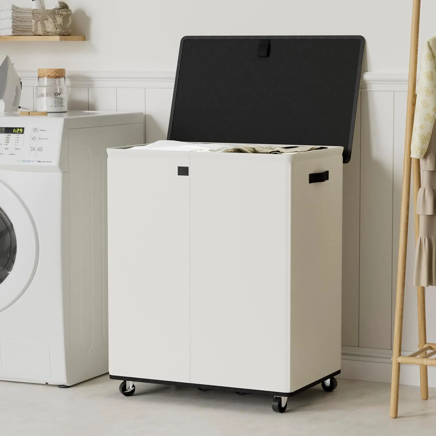 Chrislley Double Laundry Hamper with Wheels 160L Large Laundry Basket with Lid,Rolling Dirty Clothes Hamper 2 section with Removable Liner Bags, Collapsible Laundry Organizer for Bedroom, Dorm,Beige